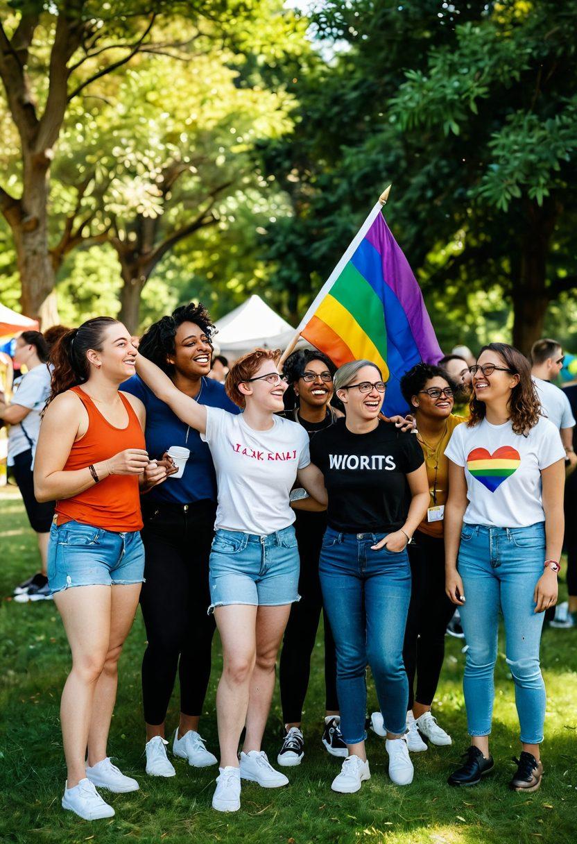 A vibrant community gathering showcasing diverse lesbian friendships, with people of different backgrounds sharing stories in a park setting. Include elements like rainbow flags, posters of activism, and heartfelt connections among individuals laughing and supporting each other. The atmosphere is warm and inviting, symbolizing inclusivity and love. super-realistic. vibrant colors. outdoor setting.