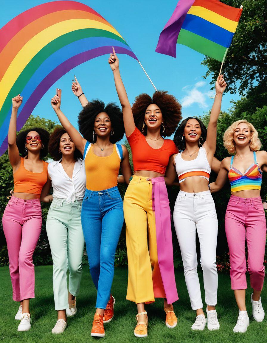 A colorful and vibrant illustration depicting a diverse group of strong, empowered women celebrating their eccentricity in a lush, open park. Each woman showcases unique fashion styles representing their individuality, surrounded by symbols of love and pride, like rainbow flags and flowers. The atmosphere is joyful, filled with laughter and camaraderie, highlighting the strength of the LGBTQ community. bright colors. modern illustration. whimsical. high energy.