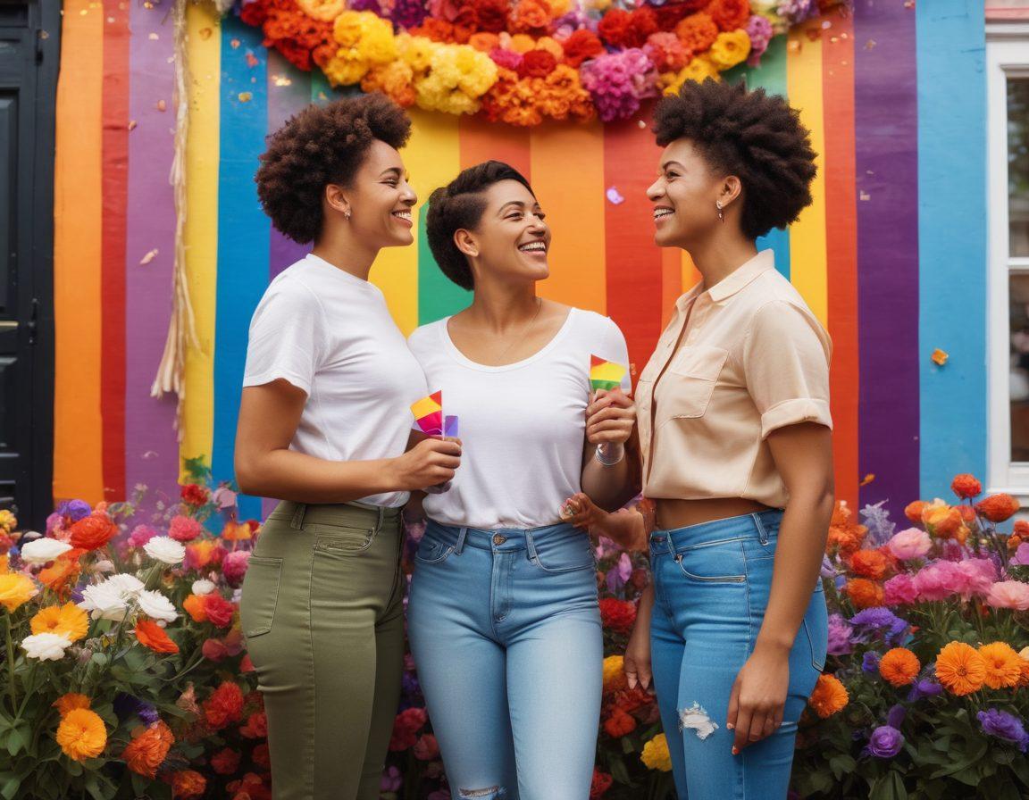 A vibrant celebration scene showcasing diverse lesbian couples of different ethnicities, joyfully holding rainbow flags and standing in front of a colorful mural depicting historical icons of lesbian activism. They are surrounded by flowers and confetti, with a sense of unity and pride in the atmosphere. Bright colors and expressive emotions capture the essence of celebrating identity and activism. super-realistic. vibrant colors.